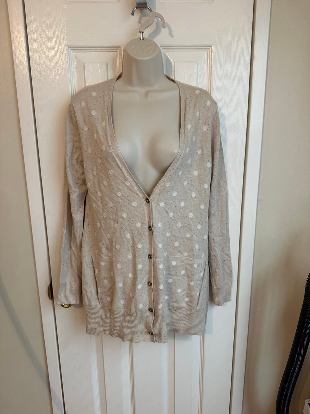 J Jill V Neck Cardigan Polkadot Button Long Women's Small Tan White Cottage Core
